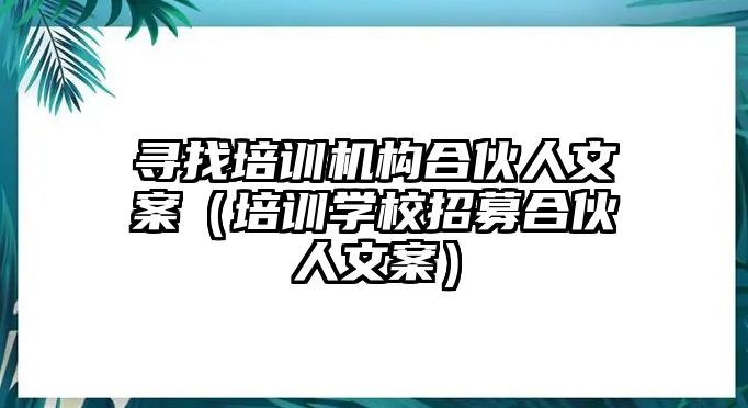 尋找培訓機構合伙人文案（培訓學校招募合伙人文案）